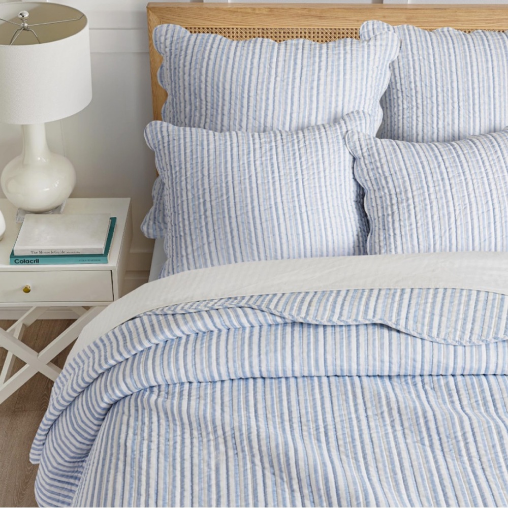 ๐ PB Style Blue & White Striped Cotton Quilt Coverlet Scalloped Trim Set NWT - Picture 7 of 7